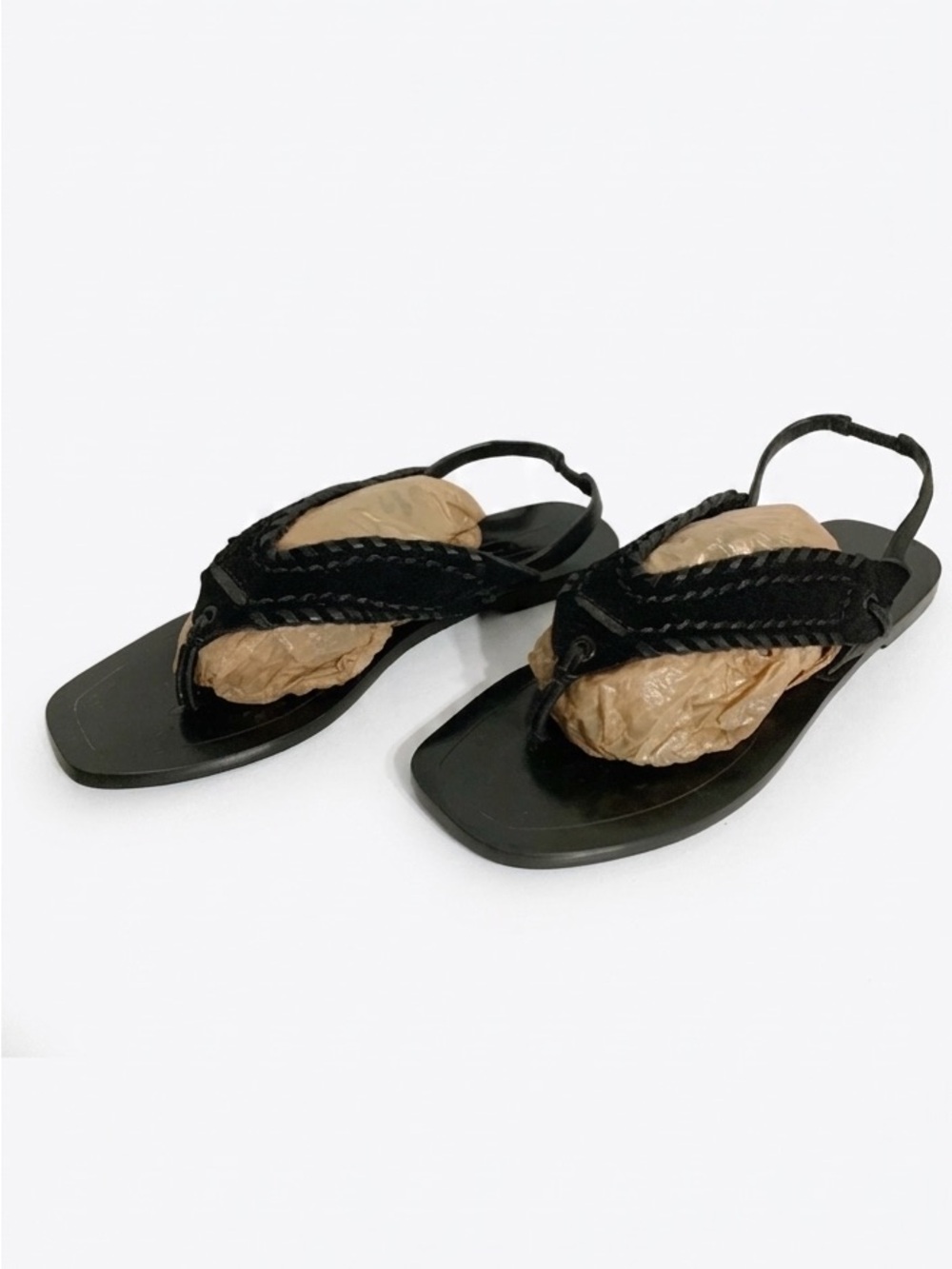 Elie Tahari Leather and Suede Square Toed Slingback Thong Sandals Laced Details